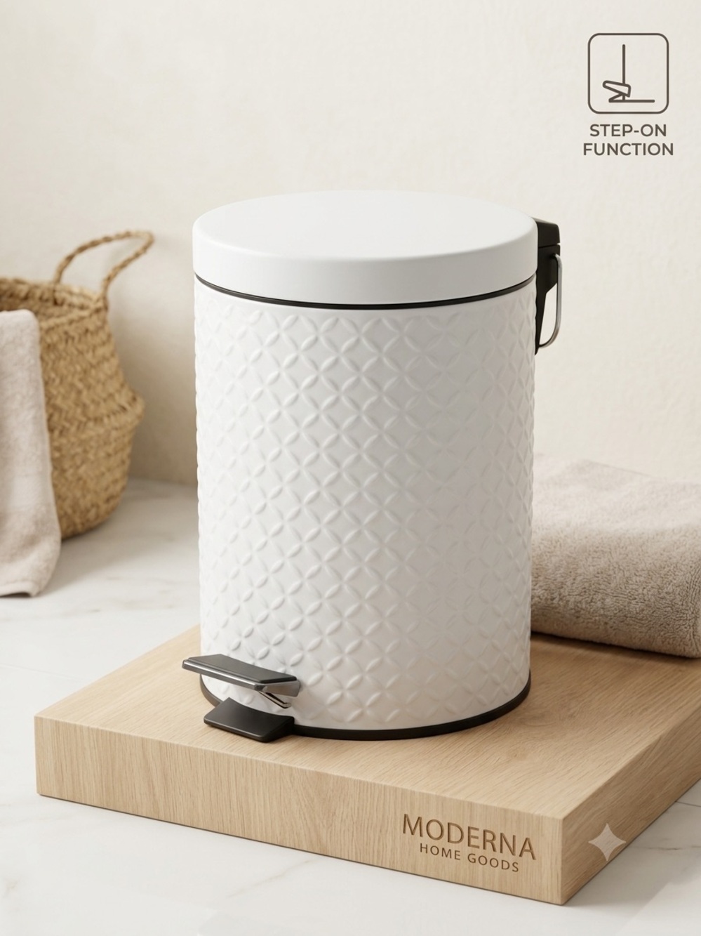 NWT White Textured Bathroom Step Trash Can
